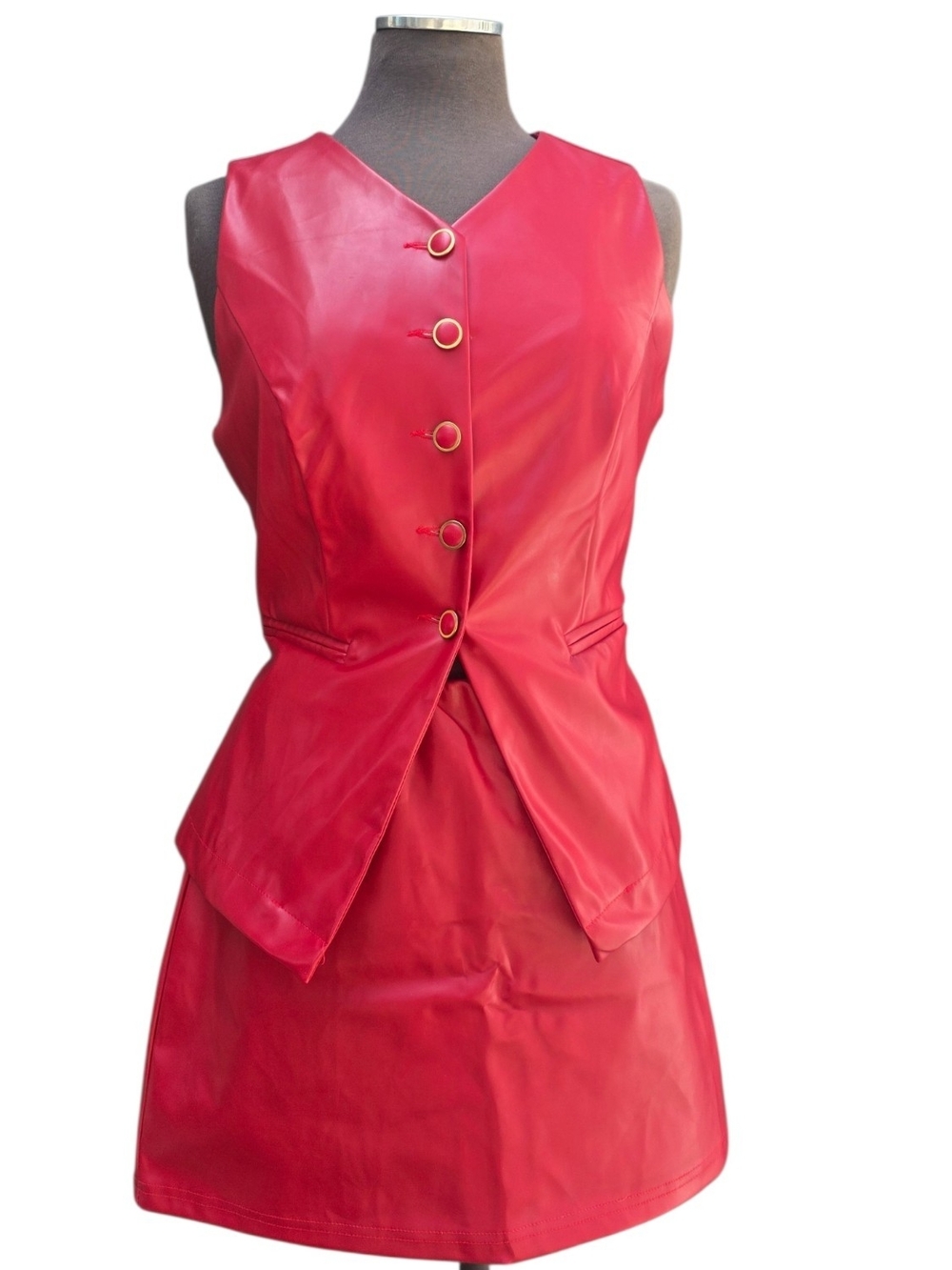 Red Faux Leather Button Front Skirt Set